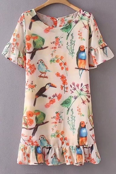 Fashionable Bird Floral Pattern Ruffle Sleeve Round Neck Mini Shift Dress