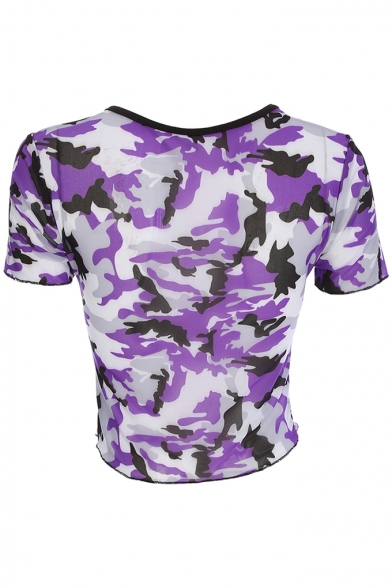 Fashionable Camouflaged Pattern Round Neck Short Sleeve See Through Cropped Tee