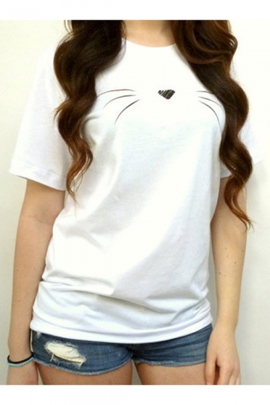 Fashionable Cat Face Print Round Neck Short Sleeves Summer T-shirt