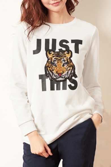 Trendy Tiger Monogram Crew Neck Long Sleeve Sweatshirt