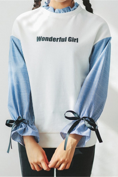 Girlish Letter Print Ruffle Neck Bow Cuff Color Block Striped Sleeve Pullover Sweatshirt