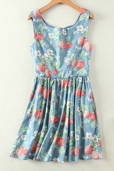 Girlish Strawberry Floral Pattern Zip Back Sleeveless Mini Skater Dress