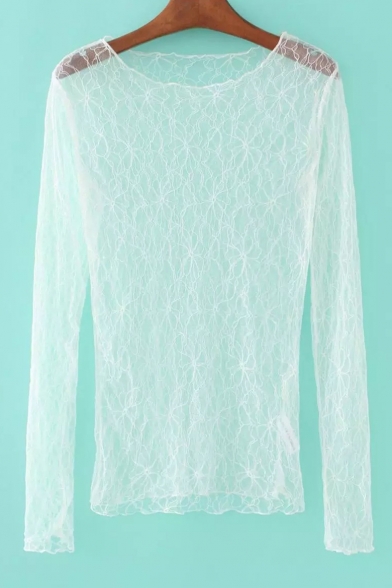 Hot Popular Floral Sheer Lace Round Neck Long Sleeve Tee