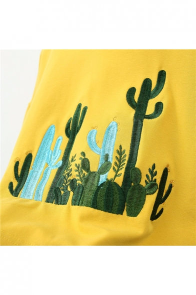 Leisure Fashion Cactus Embroidered Round Neck Short Sleeves Cropped Tee