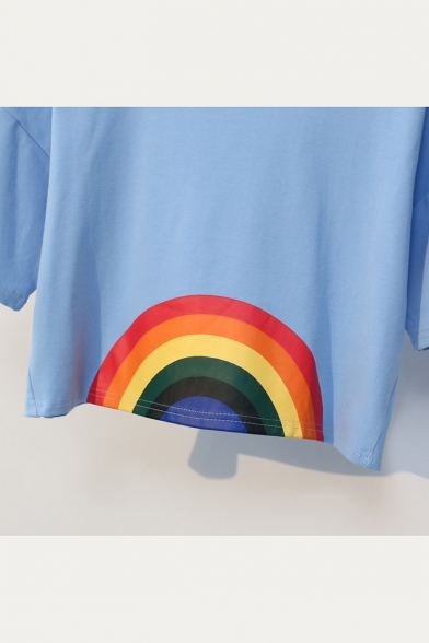 New Stylish Rainbow Printed Round Neck Short Sleeve Cropped Tee