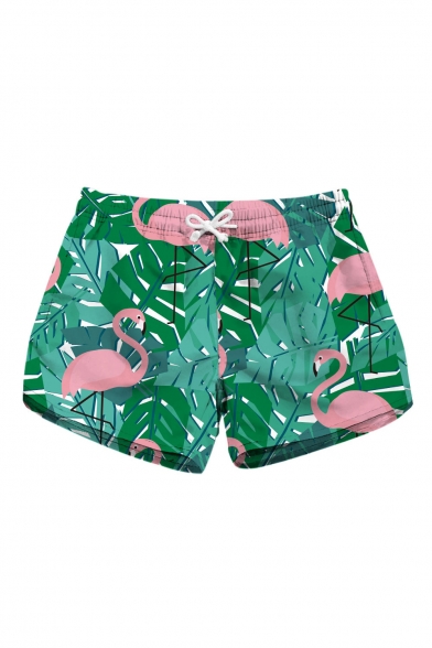 Popular Flamingo Leaf Printed Drawstring Waist Shorts