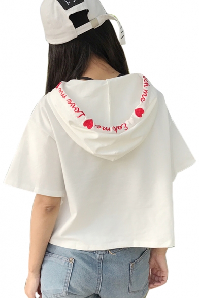 Popular Letter Sweetheart Embroidery Drawstring Hooded Summer Cropped Tee