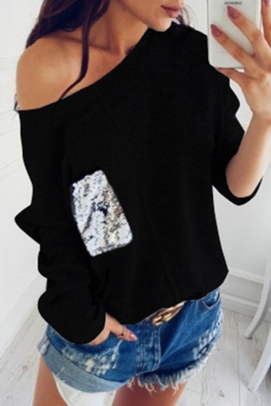 Popular Sequined Patchwork One Shoulder Long Sleeve Pullover Sweater