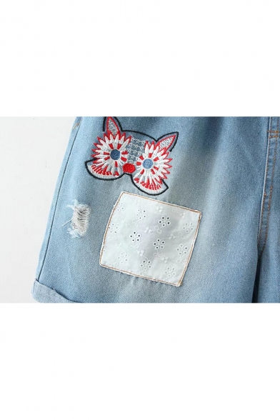 Retro Floral Cat Embroidery Drawstring Waist Pocket Side Patchwork Turn-up Denim Shorts