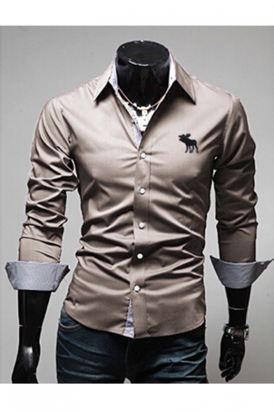 Simple Animal Embroidered Lapel Collar Long Sleeve Buttons Down Shirt