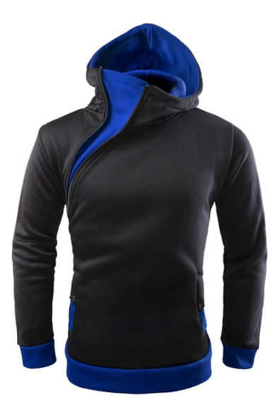 Sportive Simple Color Block Zipper Detail Long Sleeves Pullover Hoodie