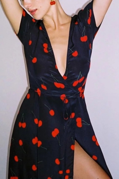 Stylish Cherry Printed V Neck Tied Waist Short Sleeve Midi Wrap Dress
