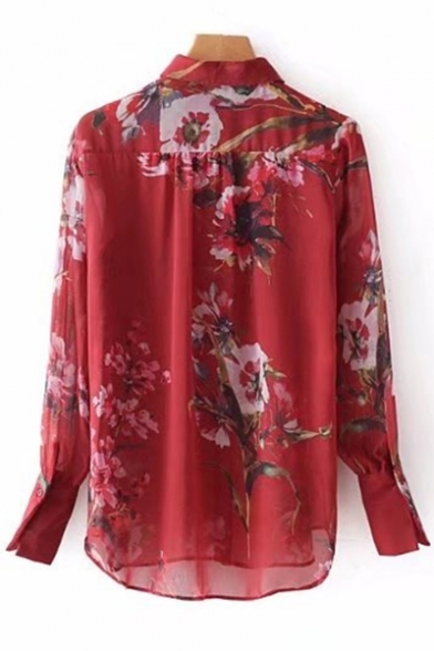 Stylish Floral Print Lapel Bow Tie Neck Button Front Long Sleeve Shirt
