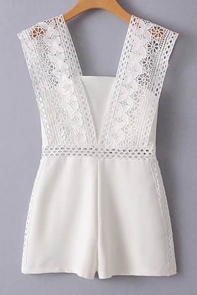 Summer Collection Lace Panel Hollow Out Detail Zip Back Plain Romper
