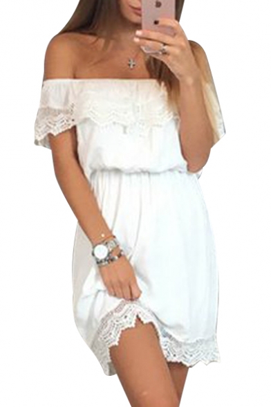 Trendy Plain Off the Shoulder Lace Panel Elastic Waist Mini A-line Dress