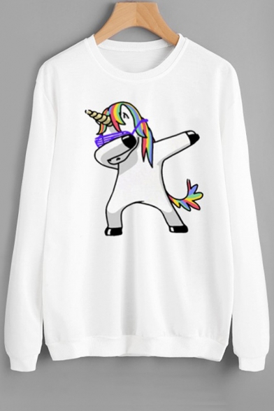 Trendy Style Unicorn Cartoon Print Round Neck Long Sleeves Pullover Sweatshirt