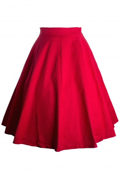 Basic Plain Elegant Flare Zip Up Midi A-Line Skirt