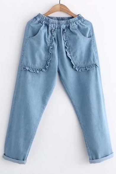 Chic Elastic Waist Ruffle Detail Pockets Turn Up Ankle Casual Jeans