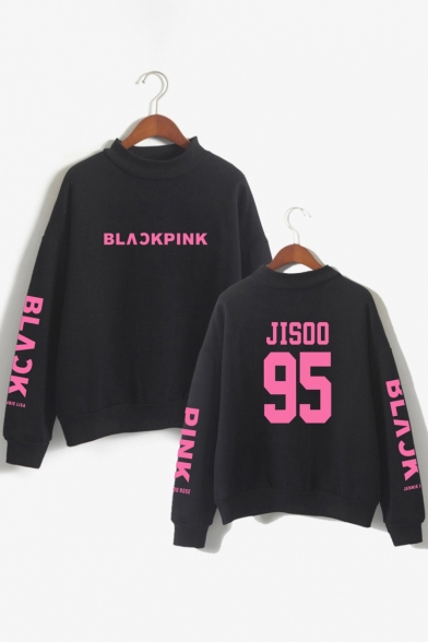 Chic High Neck Letter Printed Long Sleeve Pullover Loose Sweatshirt