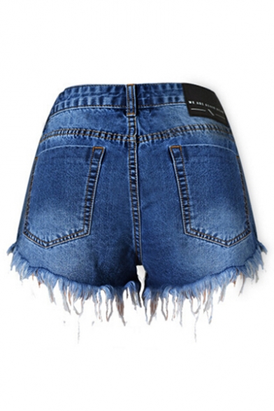 Chic Zipper Fly Tassel Hem Hot Pants Denim Shorts with Pockets