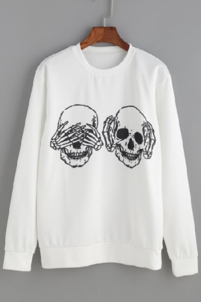Cool Skull Hand Print Round Neck Long Sleeves Pullover Sweatshirt