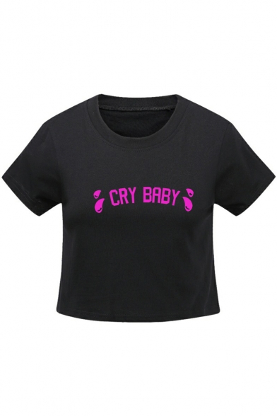 CRY BABY Letter Teardrop Printed Round Neck Short Sleeve Cropped Tee