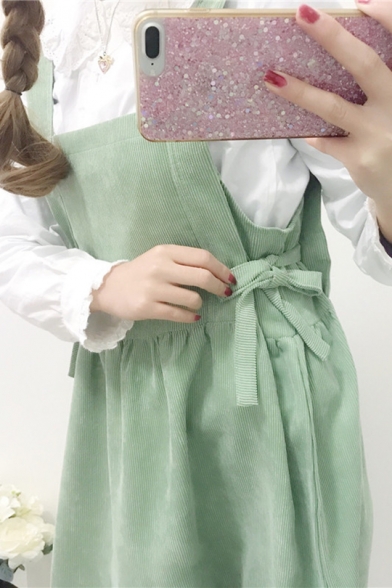 Cute Bow Side Plain Sleeveless Midi Overall Dress