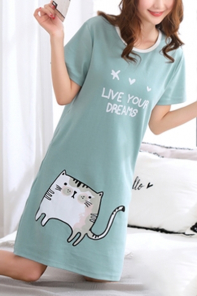 Cute Cat Cartoon Letter Print Round Neck Short Sleeve Mini T-shirt Dress