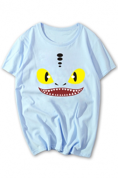 Cute Monster Face Print Round Neck Short Sleeves Casual Tee