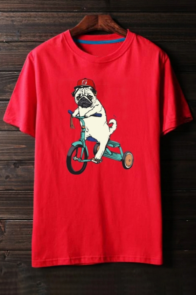 Cute Puppy Dog Cartoon Bike Print Round Neck Short Sleeves Casual Tee