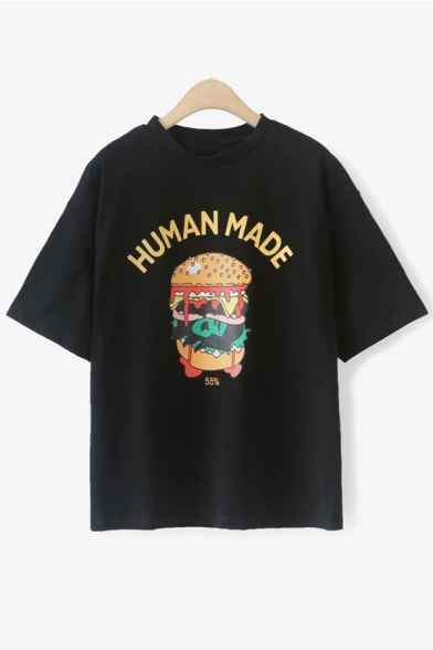 Fashionable Hamburger Letter Print Round Neck Short Sleeves Summer T-shirt