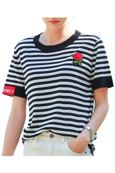Floral Embroidered Striped Printed Round Neck Short Sleeve Knit Tee