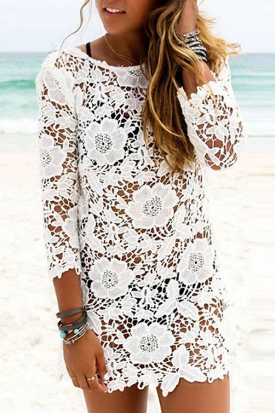 Floral Lace Round Neck Long Sleeve Tunic Beach Cover Up