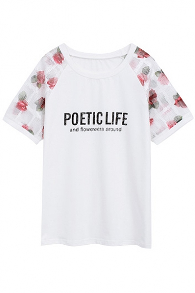 Floral Mesh Insert Short Sleeve Round Neck Letter Printed Tee