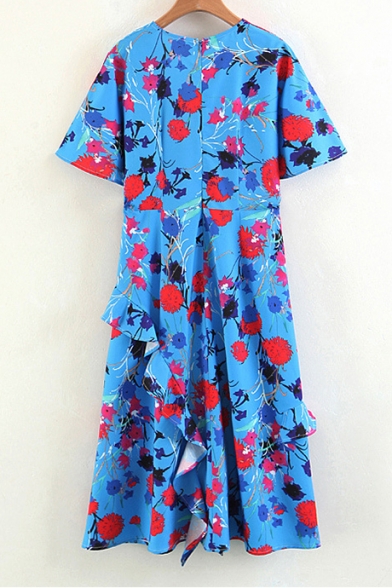 Floral Print V-Neck Ruffle Detail Short Sleeve Zip Back Midi A-line Dress