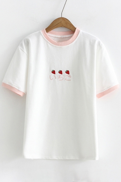 Japanese Strawberry Embroidered Contrast Trim Round Neck Short Sleeve Tee