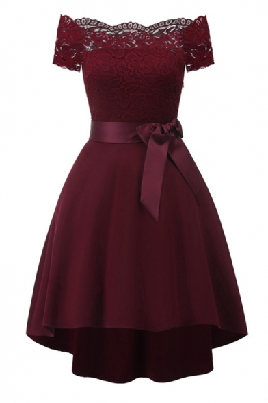 Ladylike Plain Lace Insert Bow Belted Off the Shoulder High Low Hem A-line Dress