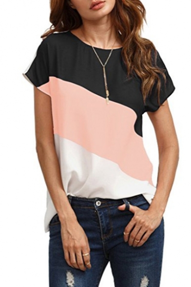 Leisure Color Block Round Neck Short Sleeves Summer T-shirt