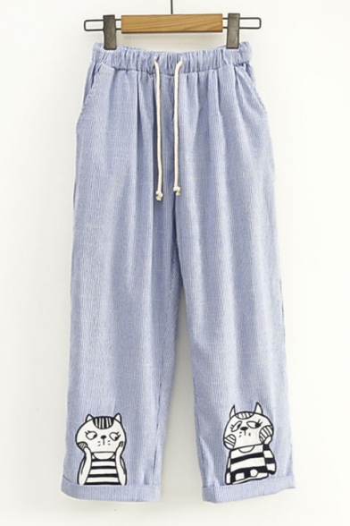 Leisure Drawstring Waist Cat Cartoon Embroidered Striped Cropped Pants