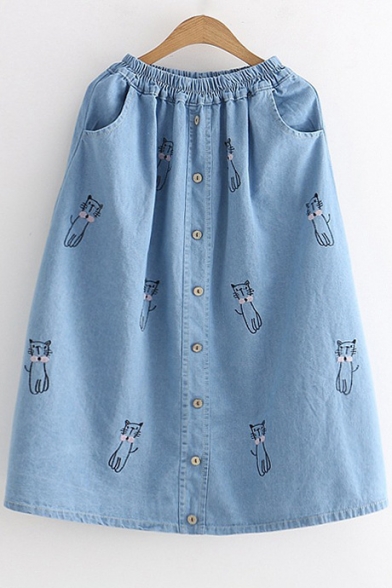 Lovely Cat Embroidered Elastic Waist Buttons Embellished Midi A-Line Denim Skirt