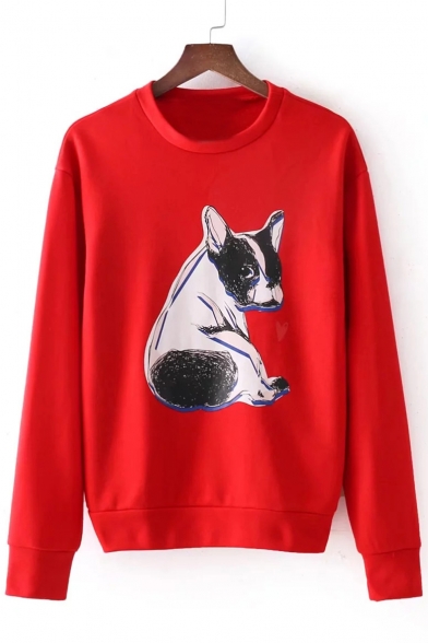Lovely Pug Dog Printed Round Neck Long Sleeve Pullover Sweatshirt
