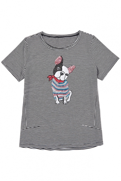 Lovely Sequined Dog Round Neck Striped Short Sleeve Tee