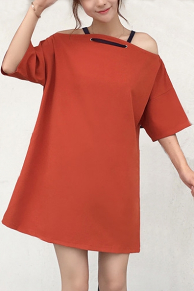 Natural Plain Two Way Cold Shoulder Half Sleeve Bow Tie Detail Mini T-shirt Dress