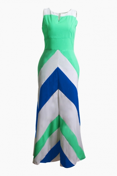 New Stylish Color Block Striped Print Round Neck Sleeveless Tank Dress
