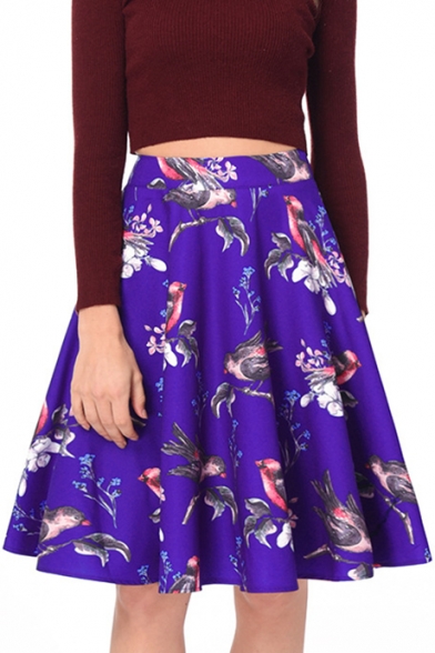 New Stylish Elegant Bird Printed Zipper Fly Midi A-Line Skirt