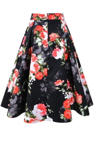New Trendy Floral Printed Flare Zipper Fly Midi A-Line Skirt