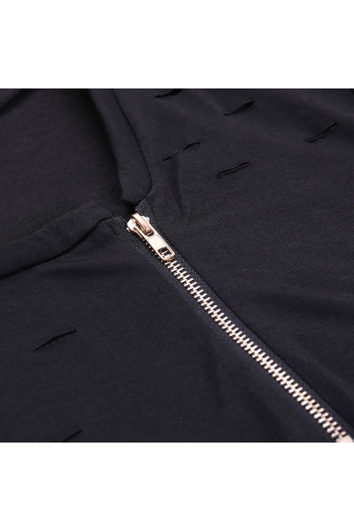 Pop Fashion Zipper Detail Ripped Off Round Neck Short Sleeves Summer T-shirt