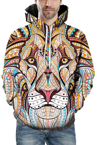Retro Tribal Lion Print Long Sleeves Pullover Hoodie with Pocket