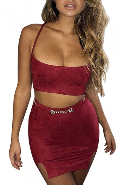 Sexy Lace Up Back Spaghetti Straps Sleeveless Cropped Cami with Mini Bodycon Skirt Co-ords