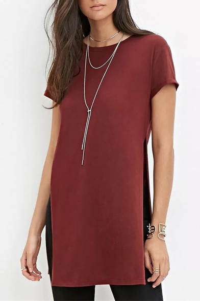 Simple Plain Round Neck Short Sleeves Split Side Casual Tunic Tee